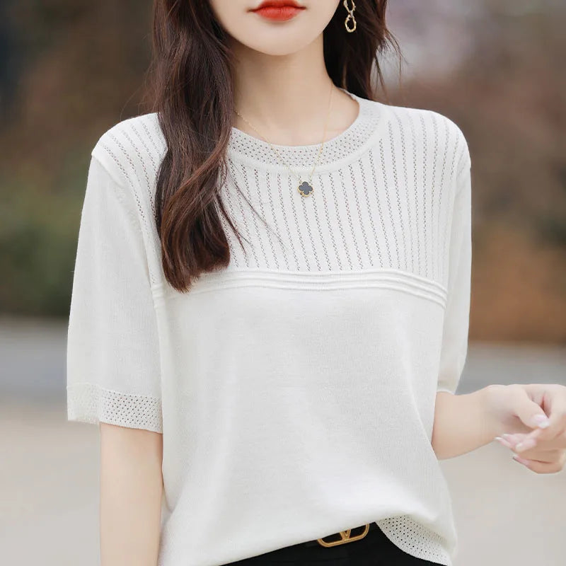 Summer New Round Neck Women's Ice Silk Sweater Temperament Joker Loose Slim Short Sleeve Age-Reducing Fashion Sweater