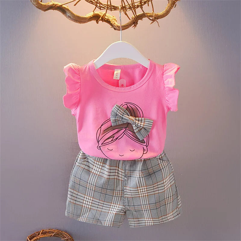 Kid Baby Girl Clothes Set Ruffle Sleeve Bow T-shirt+Plaid Short Pant 2Pcs Girl Suit Casual Cotton Children Clothing Outfit A875