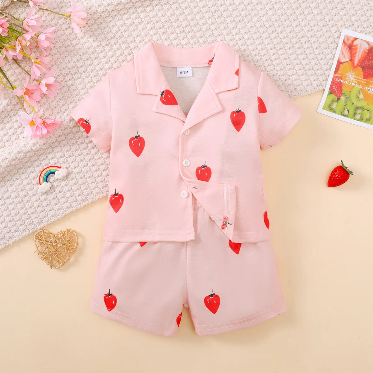 Children's Girls' Cartoon Pajamas Teddy Bear Strawberry print Short sleeved+Shorts 2Pcs/Set 0-3 Years old Cute Baby Girl Pajamas