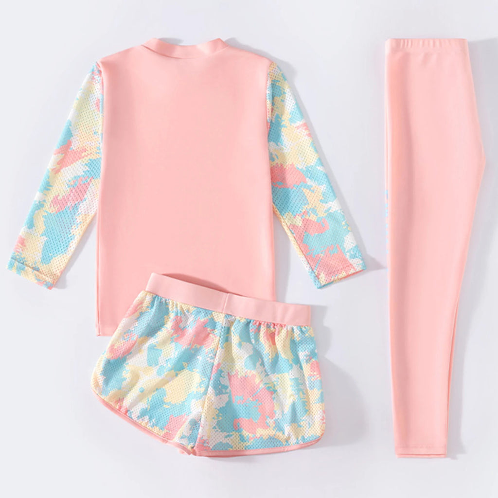 Kids Girls Print Swimsuit Long Sleeve Top with Shorts Pants Sun Protection Swimwear Rash Guard Beach Pool Bathing Suit Wetsuit
