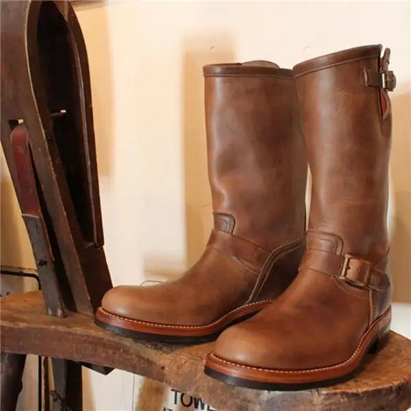 Men's Boots PU Leather Boots Retro Outdoor Western Cowboy Boots Round Toe Belt Buckle Mid-Calf Boot Slip on Plus Size Long Boot