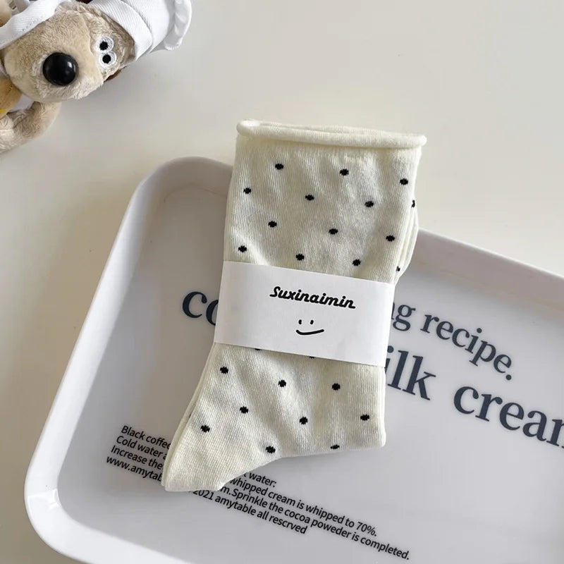Women's spring summer thin vintage cream curled-edge women's socks polka dot mid-tube socks artistic socks women
