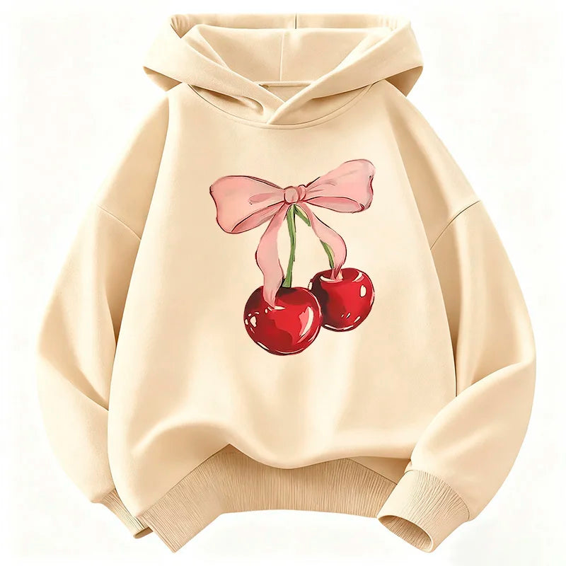 Kids Y2K Cherry Bow Hoodie Cute Print Sweatshirt Boys Girls Spring Autumn Casual Loose Tops