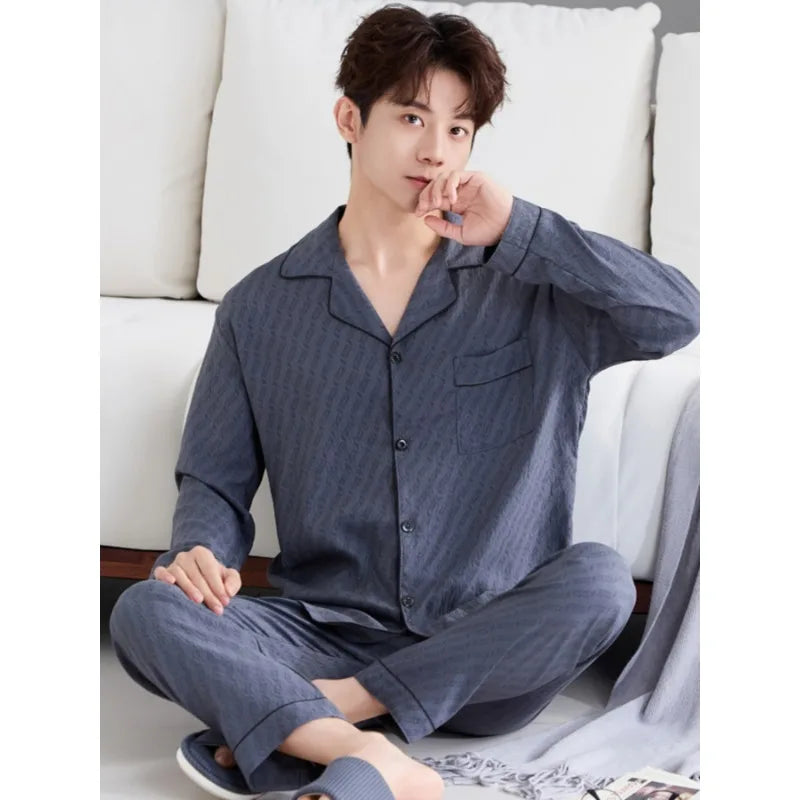 Men's Pajama Set for Spring & Autumn, Simple All-Match Long Sleeve & Long Pants Loungewear, Fashion Handsome Daily Homewear