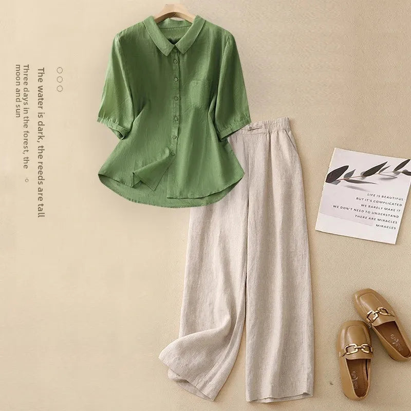 Large Size Summer Cotton Linen Set for Mom Casual Faionable Belly Covering Two Piece Suit ort Sve  Collar Button up