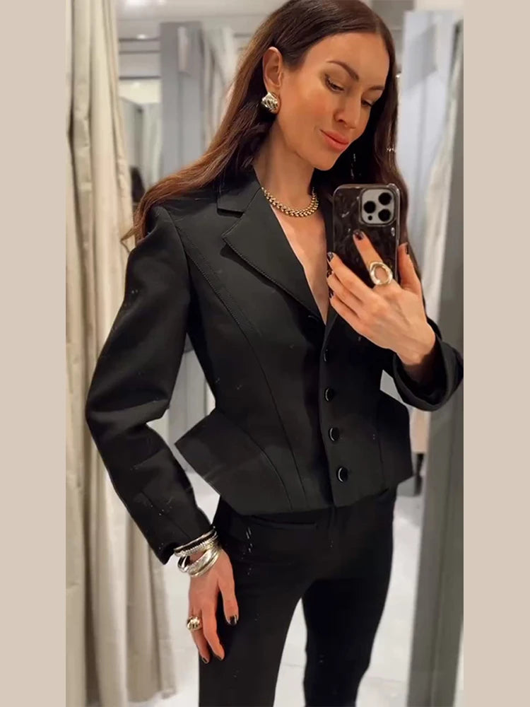Elegant Single Breasted Jacket Women Slim Chic Lapel Full Sleeve Waist-closed Jacket Female 2026 Fashion Solid Outwear Lady