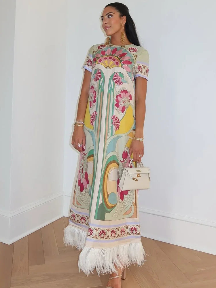 Women Art Floral Print Feather Hem Maxi Dress Crew Neck Short Sleeve Loose Fit Dresses 2026 Summer Fashion Elegant Lady Vestidos