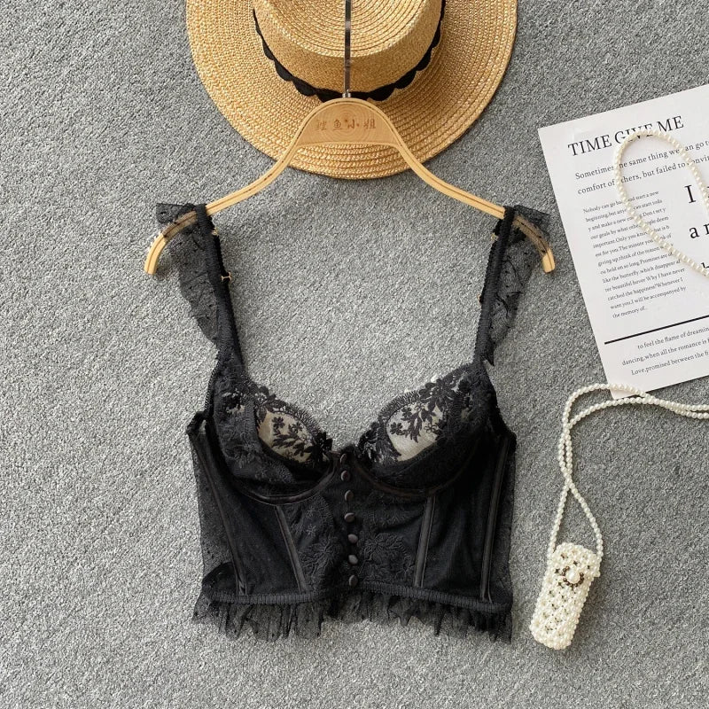 French Elegant See Through Mesh Lace Tank Top for Women Summer Sexy Black White V Neck Strap Slim Fit Vest Bras Tops