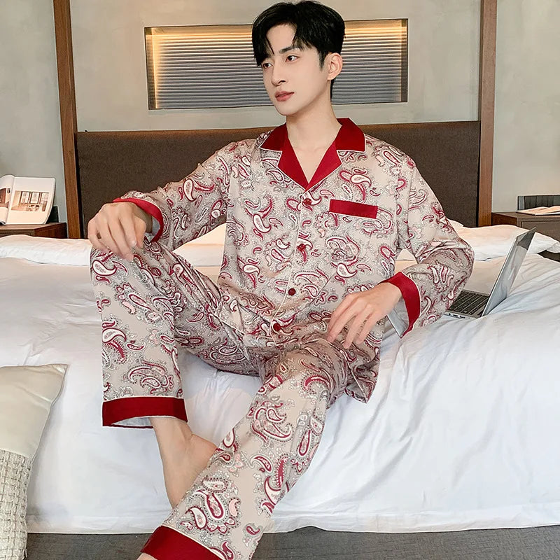 High Quality Men Pajamas Suit Spring Fall Ice Silk High-end Long-sleeved Sleepwear Set Female Ethnic Style Large Size Loungewear