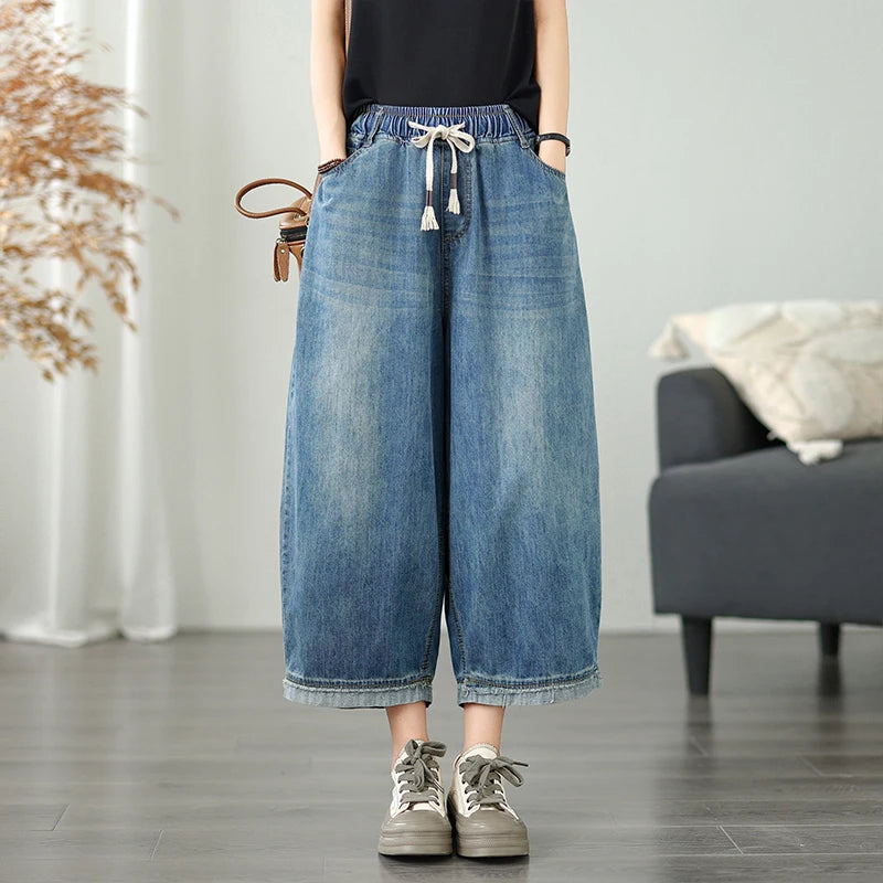 Casual High Waist Wide Leg Jeans Women's Loose Fit Slimming Summer Thin Sle Lantern Pants  Lyocell Fabric Water Wa