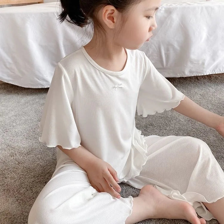 Girls' Short-Sleeved Pajamas, Summer Simple and Elegant Baby Home Clothes Set, Little Girls Can Wear Air-Conditioned Clothes Outside, Trendy