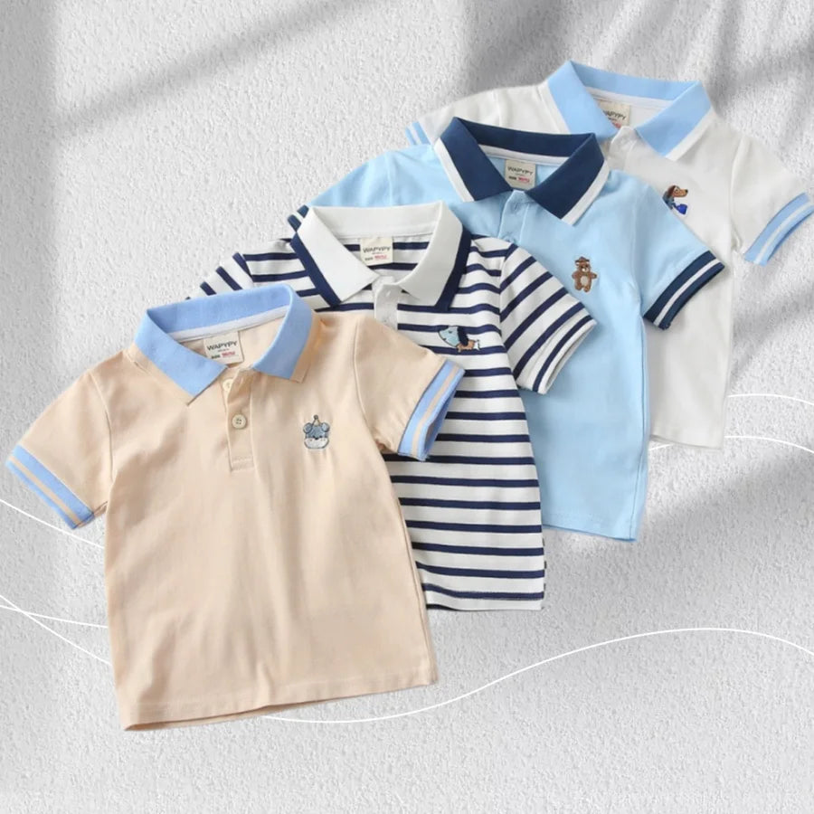 Kids 2-6Y Comfortable Cotton Casual Boys Tops Childrens Summer Short Sleeve Polo Shirts 4 Styles Handsome Cartoon Embroidery