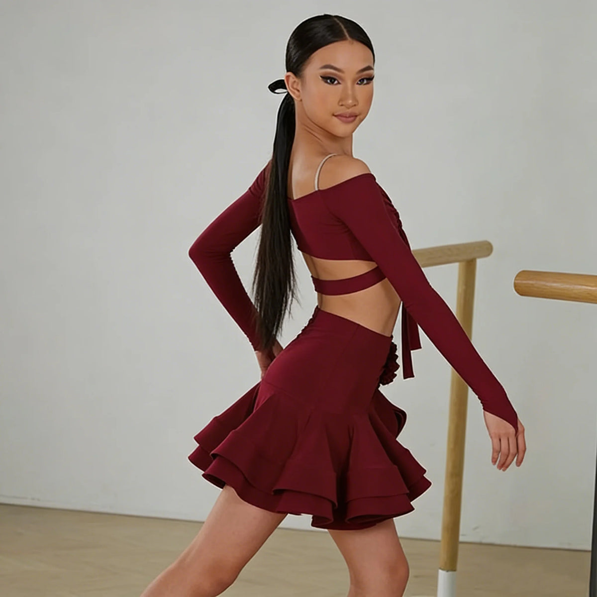 Kids Latin Dance Clothes for Girls Long SLeeves Short Top Skirt Rumba Samba Performance Competition Dress Burgundy Dress Suit