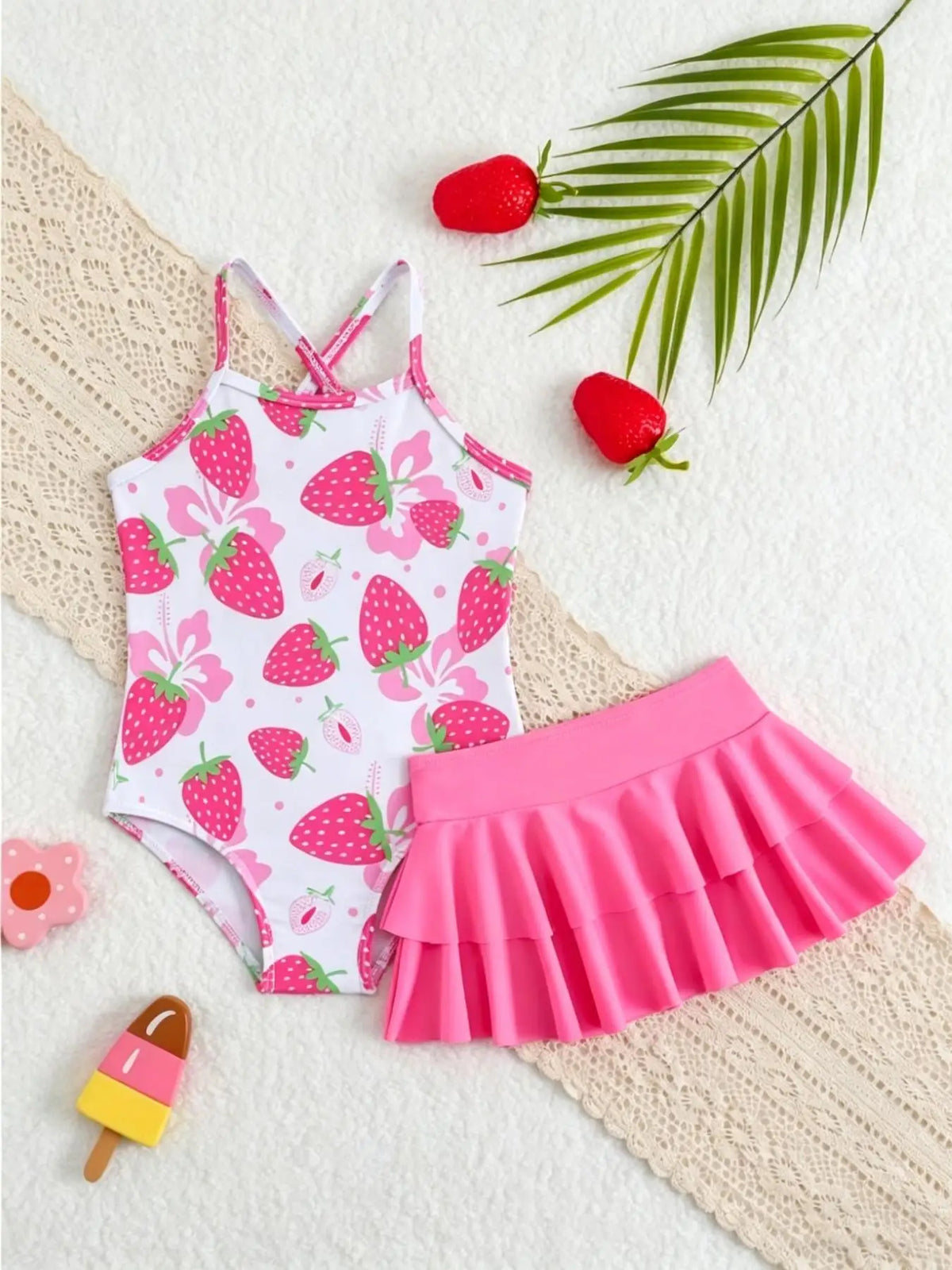 Girls' Summer Casual Swimwear Children's Red and Pink Swimsuit Set, Girls' Strapless One-Piece Swimsuit + Beach Skirt Two-Piece Set Suitable for Girls Aged 4-12, Beach Swimwear Outfit