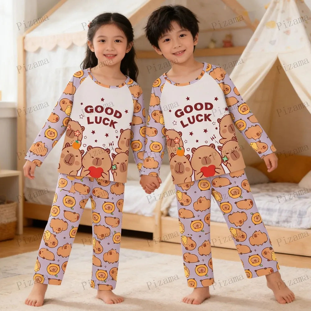 Capibara Kids Pajama Sets Long Sleeve Loungewear with Cute Animal Print Soft Sleepwear for Boys Girls Cartoon Sleepwear Outfit