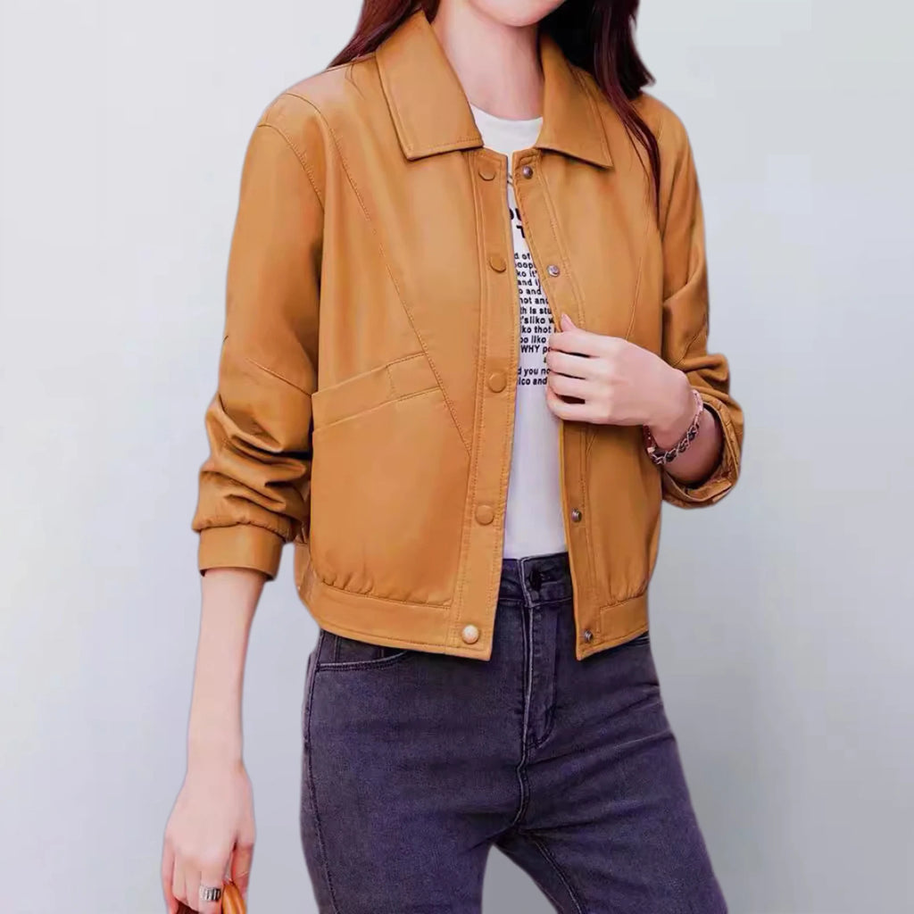 Women Faux Leather Jackets Casual Solid Color Lapel Button Lady Clothings Zip Up Slim Fit Comfortable Women's Winter Down Jacket