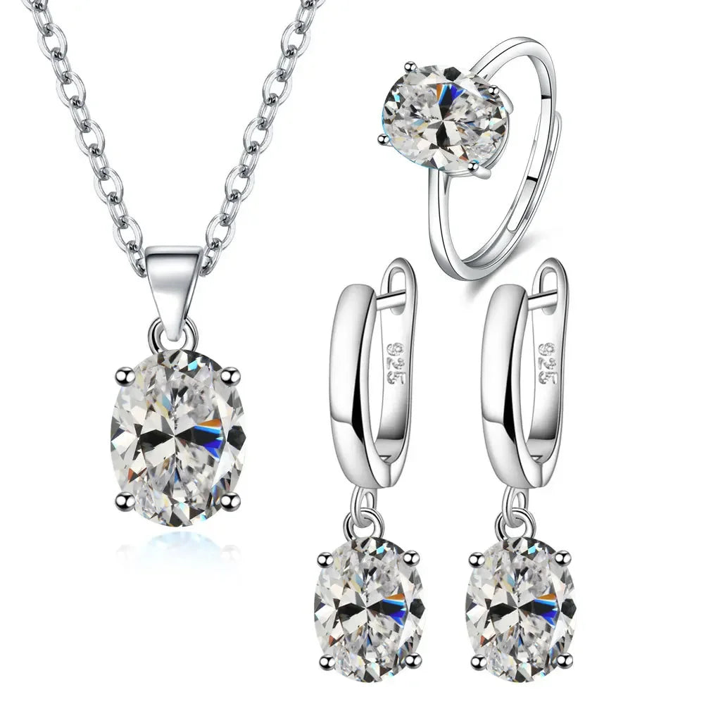 925 Sterling Silver Jewelry Sets For Women Ellipse Zircon Ring Necklace Earrings Luxury Accessories Offers