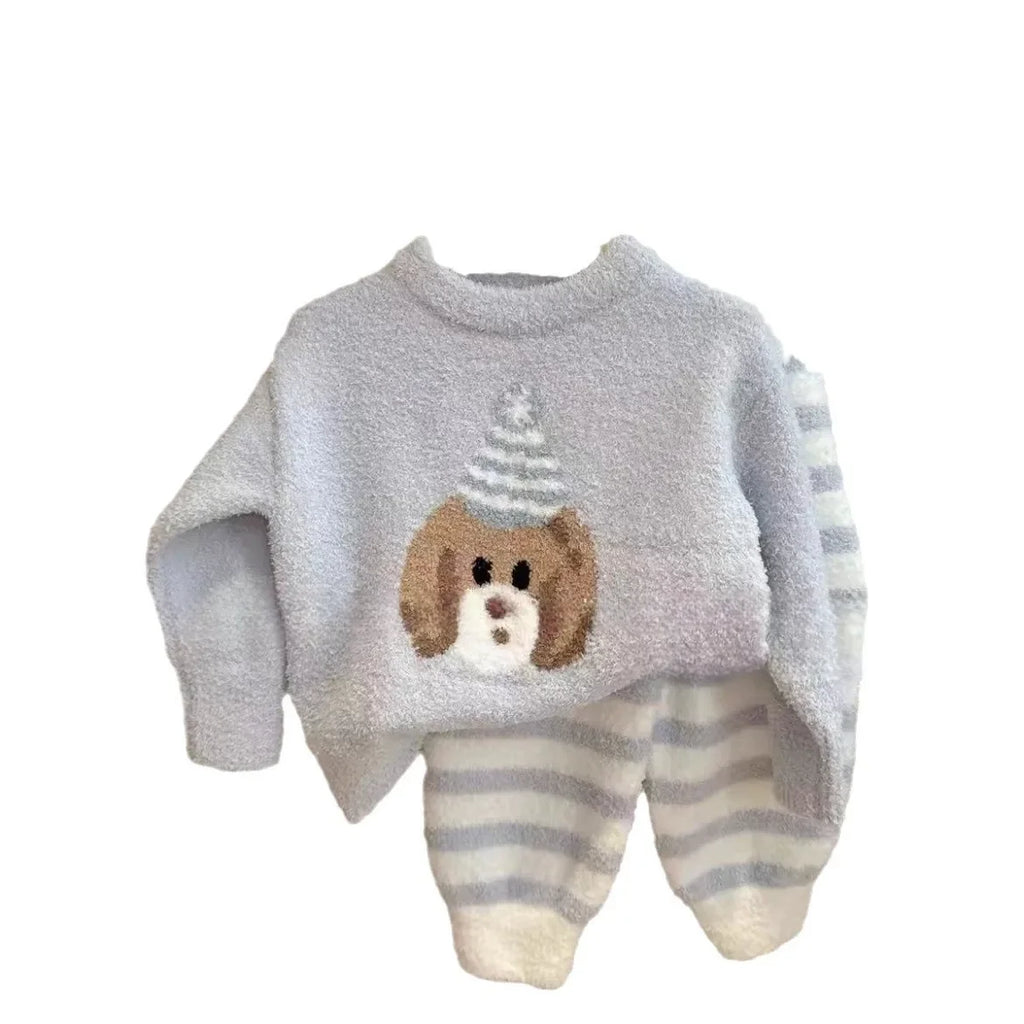 2024 Autumn and Winter Pajamas Autumn and Winter Thickened Children's Suit Girls Coral Velvet Boys Two-piece Set