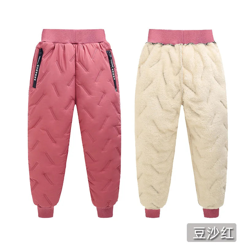 Boys Girls Padded Cotton Pants Winter Kids Plus Velvet Thick Warm Trousers Teen Waterproof Pants Children Clothes 4-14 Years