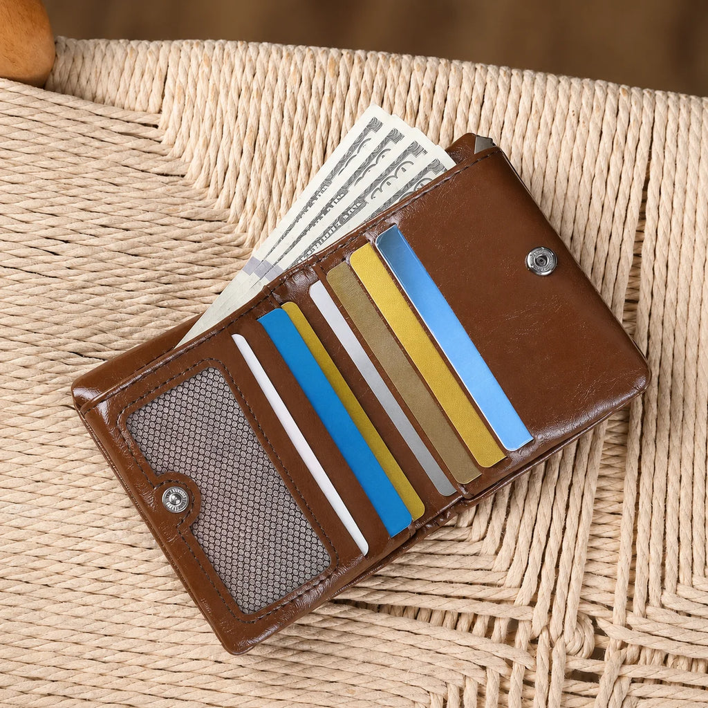 Men Wallet Short PU Leather Trifold Card Holder Vintage Male Purse with ID Window Cash Pocket Slim Casual Money Clip Billfold