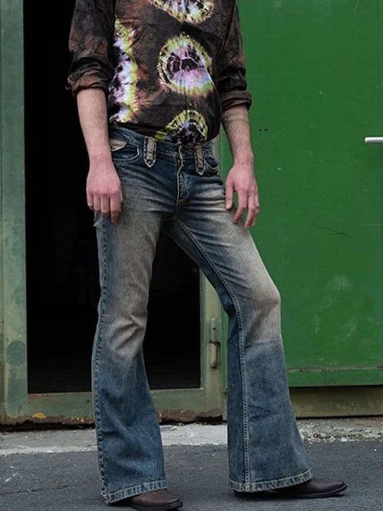 Men's Flare Jeans Vintage Solid Straight Jeans Men punk style Button Denim Flare Pants Streetwear Trousers S-3XL