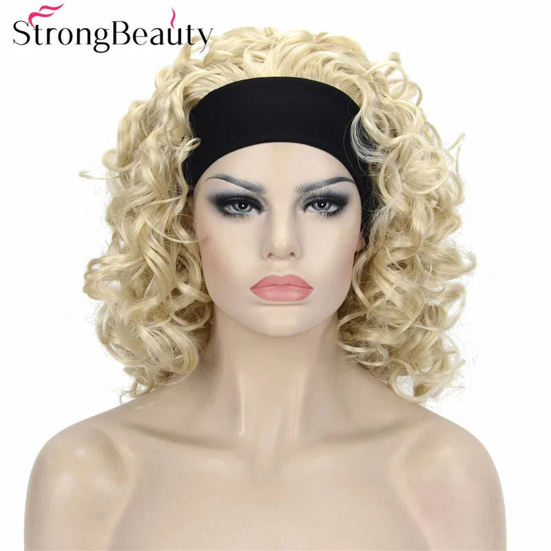 StrongBeauty Short Curly Synthetic Wigs with Headband Women Blue/Gray/Black/Red/Blonde/Brown Wigs 3/4 Half Wig for Lady