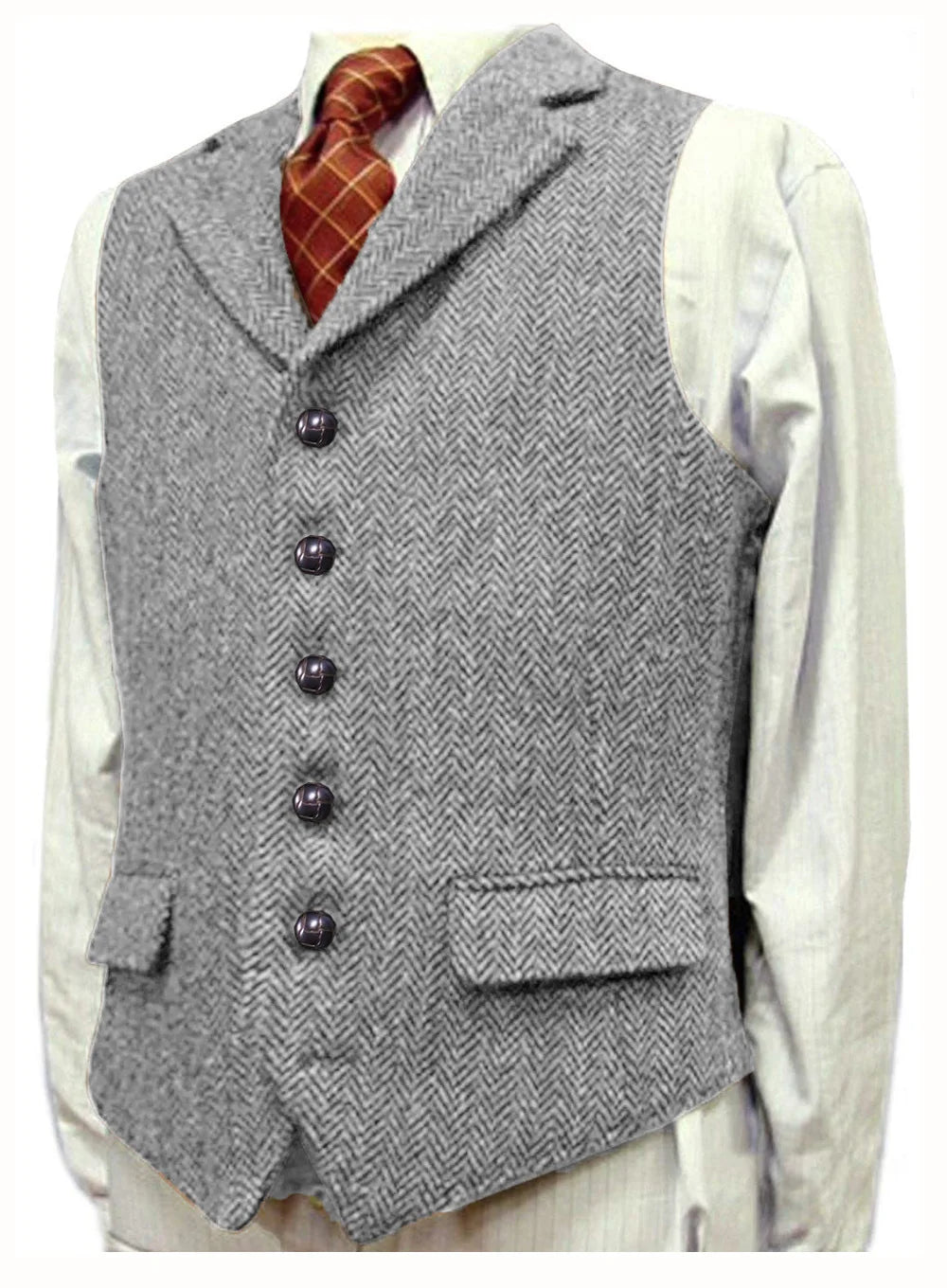 Men Vest With Lapel Boutique Herringbone Wool Tweed Slim Fit Waistcoat Casual Formal Business Wedding Daily Men Suit Vest