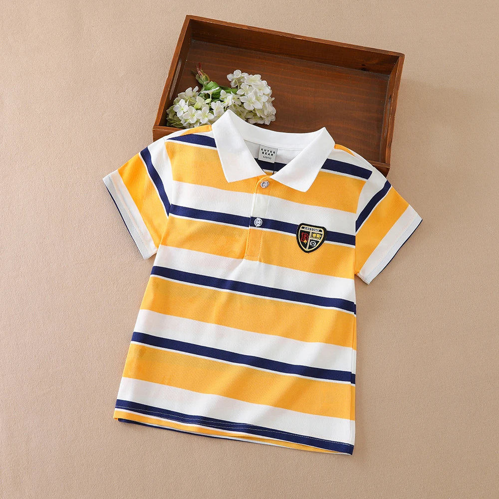 Boys Striped Polo Shirts 5-12 Years Kids Summer Short Sleeve Lapel T-Shirt Casual Badge Top Children School Uniform Tee