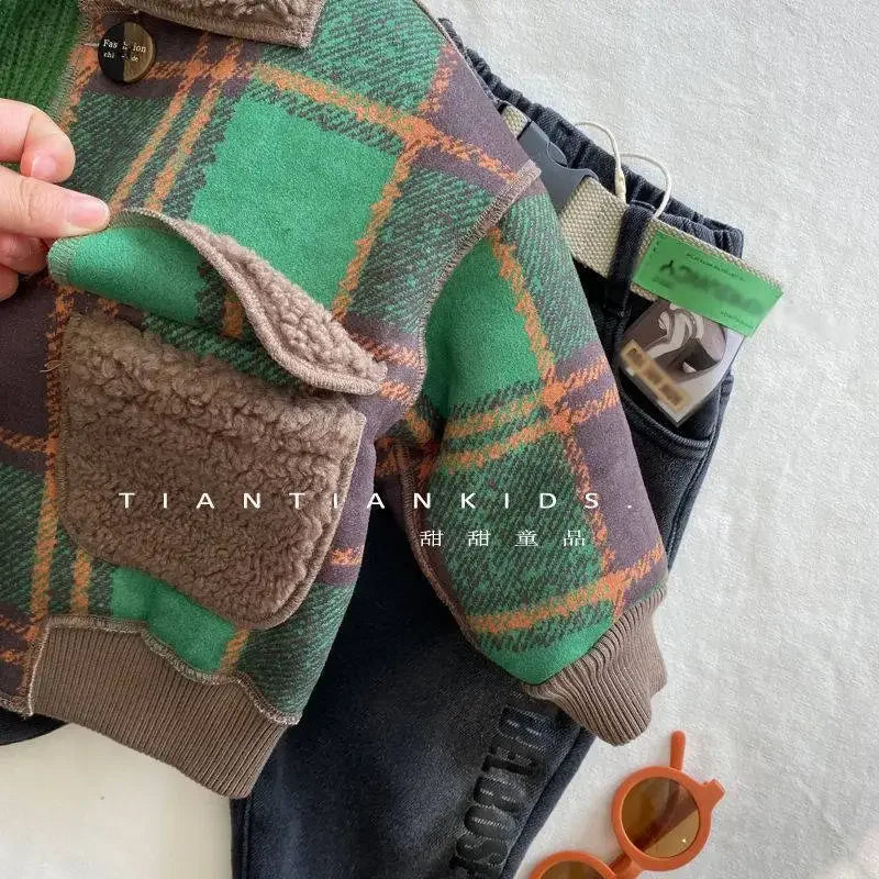 Jackets & Coats Kids' Korean Fur Lapel Coat Green Checked Fleece Jacket Single-Breasted Winter Coat for Boys & Girls