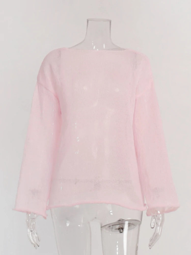 Spring Summer Hollow Knitted Oversized Sweater T Shirt Round Neck Long Sleeves Tops Loose Elegant Pullover for Women Clothing