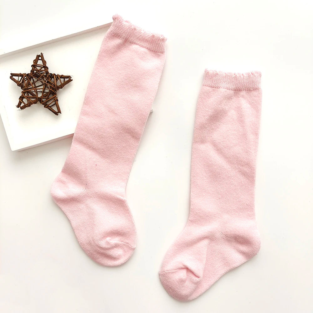 New Kids Knee High Socks Baby Girls Boys Flat Long Sock Soft Cotton Solid Color Children Stockings For 0-7 Years