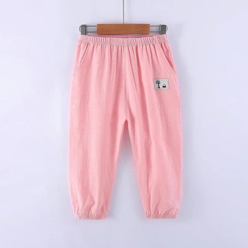 Children Trousers For Boys Girls Cotton Linen Elastic Waist Solid Color Summer Mosquito Pants Kids Clothing Long Pants 100-160cm