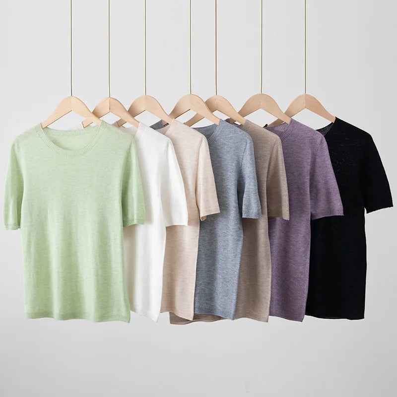 Summer New Short-Sleeved Round Neck Knitting Sweater Women's Ice Silk Thin Casual Wool T-Shirt Loose Temperament Top