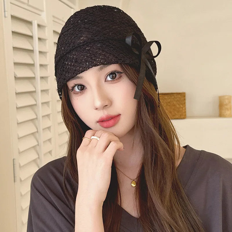Women's Hat Hollow Bow Solid Color Simple Personalized Versatile Fashionable Pile Caps Girls Elastic Sweet Elegant Lace Y2k Hats