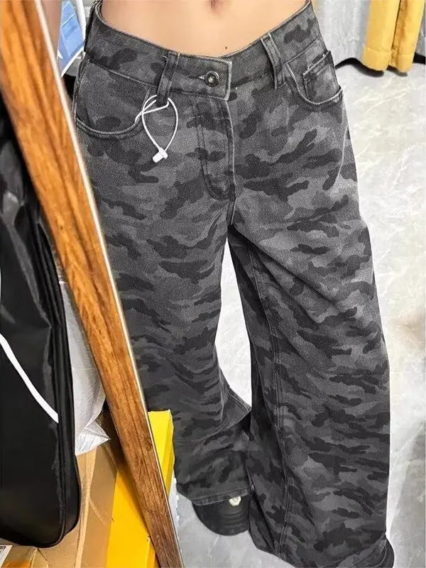 American Sle Camouflage Workwear Jeans Women's Spring Summer New plus Size Fat MM High Waist Loose Slim Straight Leg Pants