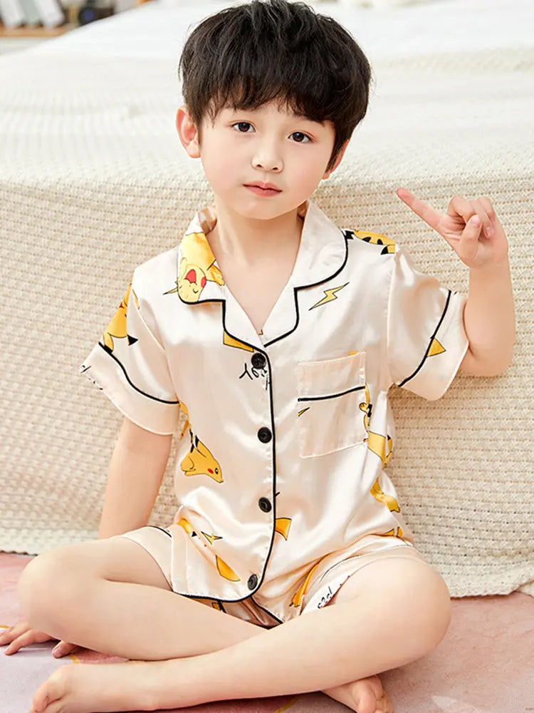 Anime 2Pcs Pikachu Boys Children Pajama Set Cartoon Girls Summer Thin Version Ice Silk Lapel Short Sleeve T-Shirt Shorts Pijamas