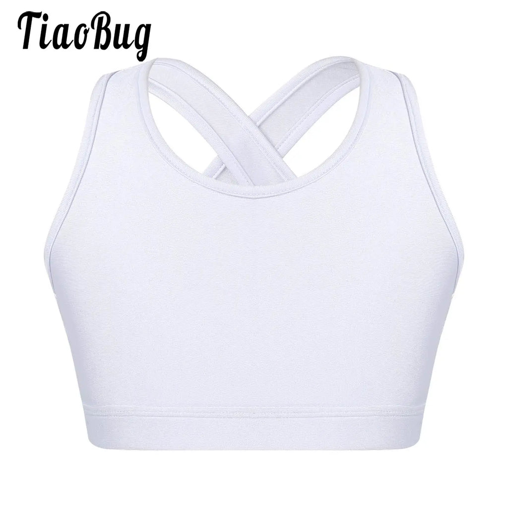 Kids Girls Sports Tracksuit Bra Vest Sleeveless Keyhole Back Camisoles Gymnastic Costume Street Dancewear for Running Gym Yoga
