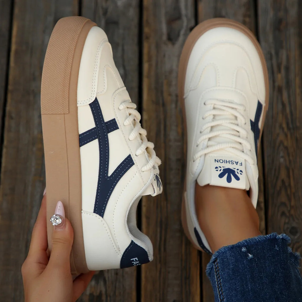 Women's Retro Running Shoes Thick Bottom Flat Laced Casual Sneakers Student Low Heel Round Toe PU Leather Spring Autumn
