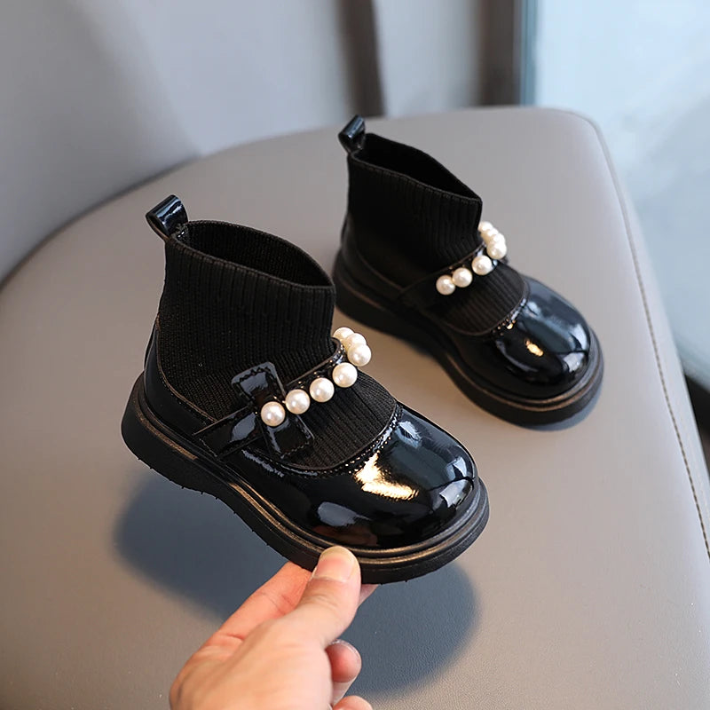 Girl's Short Boots Ankle-High Beading Autumn Fly-Woven Kids Sock Boot Wedges Flexiable Sweet Slip-on Toddler Children Boot 21-30
