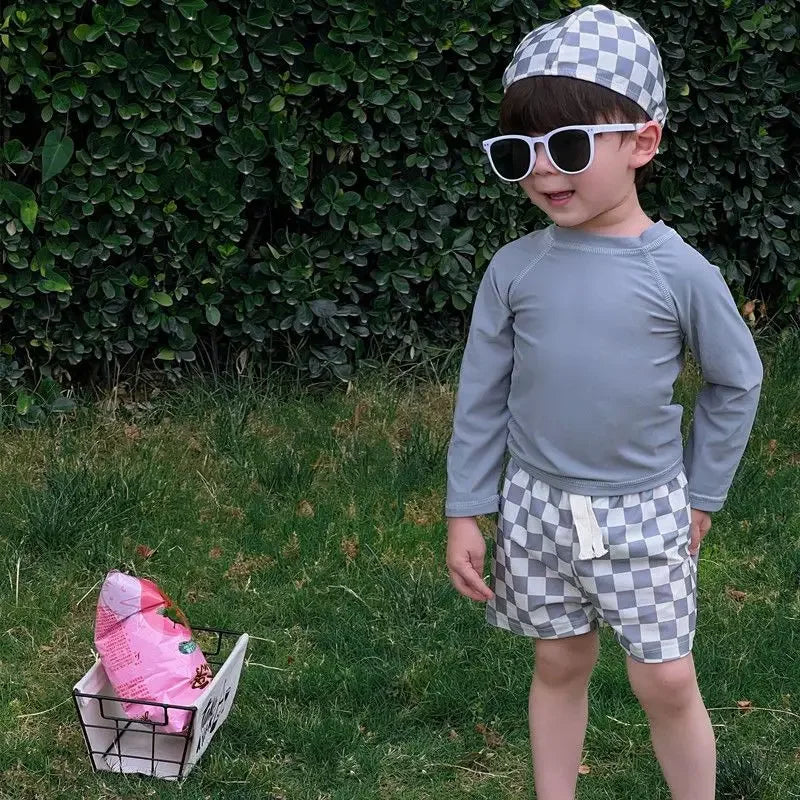 1-7Y New Children's Swimwear for Boys Children's Checkered Split Sun Protection Long Sleeve swimsuit  for Baby Swimwear  유아 수영복