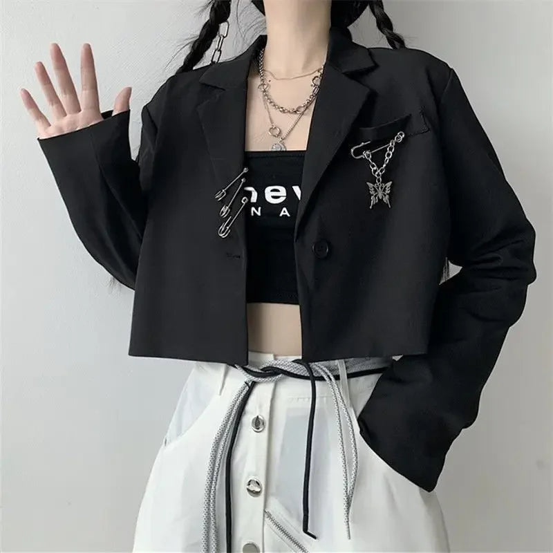 Cropped Blazers Women Designer Chain Notched Hipsters S-3XL Youth Autumn Ulzzang Streetwear Personality Teens Y2k New Overcoats