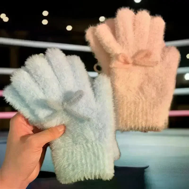 Women's Fashionable Winter Gloves - Cute, Plush, Bow-Embellished and Heat-Preserving, Great Christmas Gifts for Students