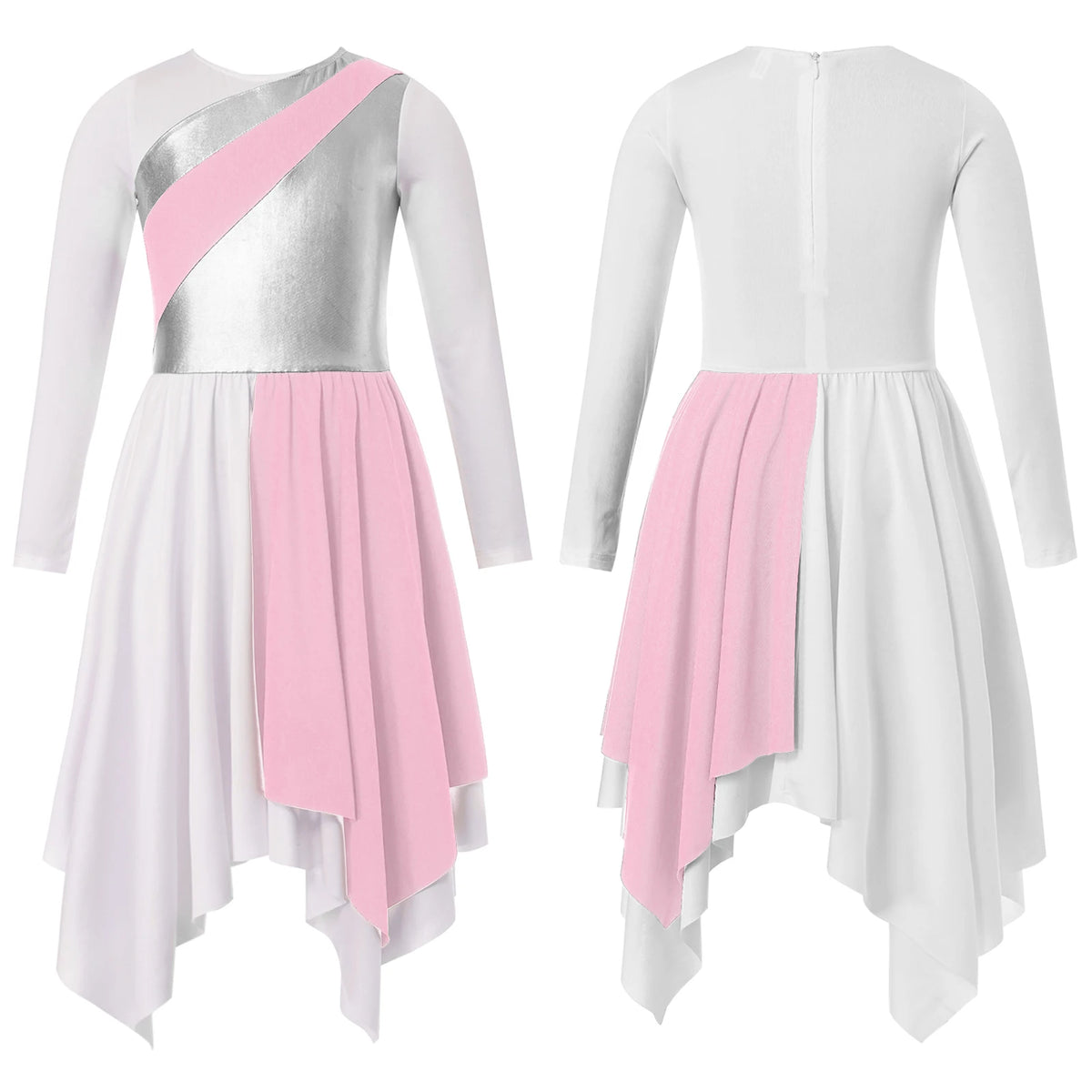 Kids Girls Modern Lyrical Dance Dress Liturgical Worship Praise Church Choir Robe Shiny Sequins Bodice Sheer Mesh Tunic Dresses