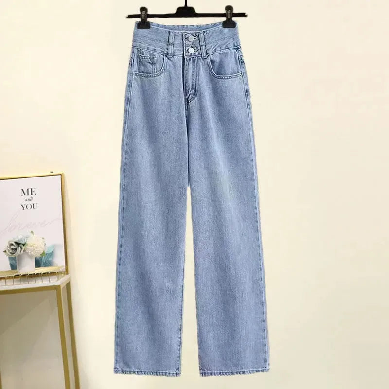 Women 2025 Spring Summer New Casual Denim Wide Leg Pants Matching Set Korean Elegant Sunscreen Shirt+Vest+Jeans Three Piece Suit