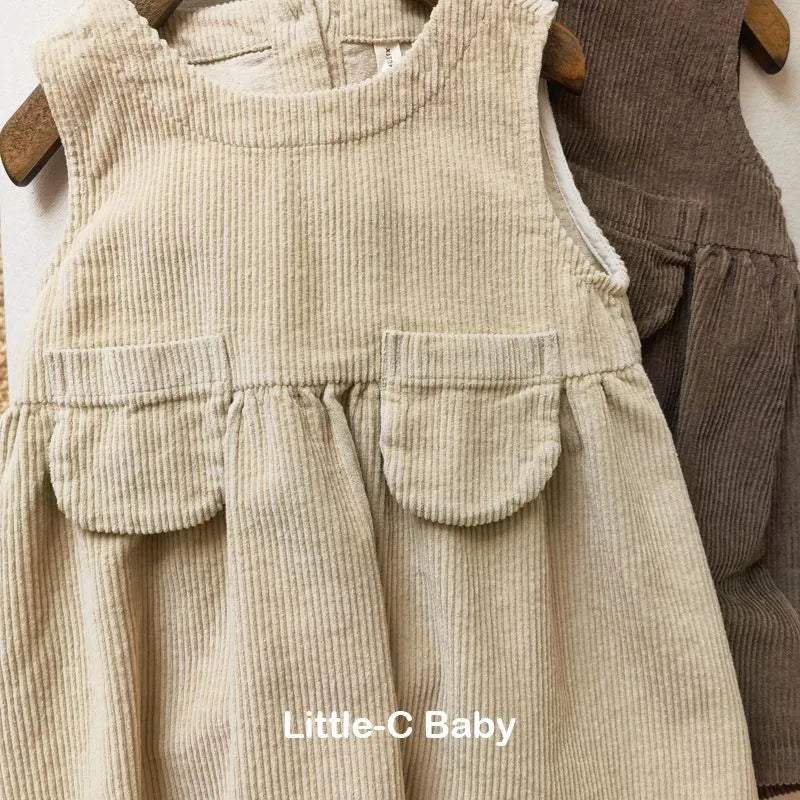 Baby Girls Sleeveless Dress Spring and Autumn New Baby Corduroy Dress Children's Lapel Loose Dress+T-shirt Set Kids Clothing Set