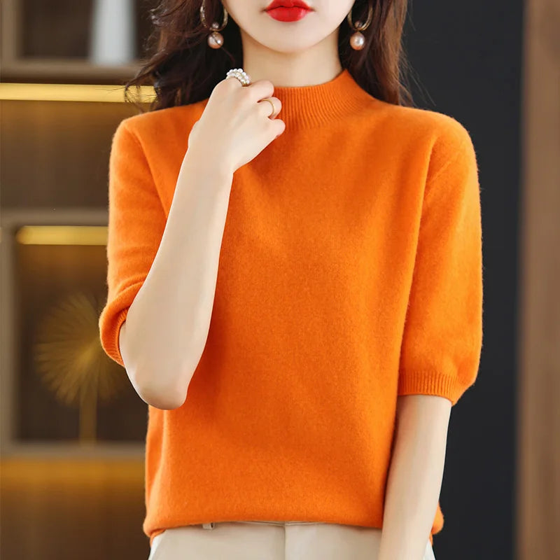 Summer Cashmere Sweater  Women Solid Short Sleeve  Pullovers Jumper Knitted Sweaters
