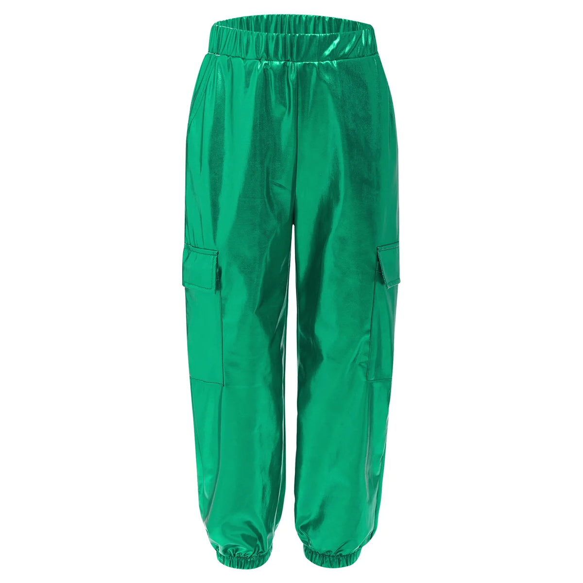 Kids Boys Girls Metallic Shiny Cargo Pants Fashion Children Holographic Trousers Teens Hip-Hop Pants Street Jazz Dance Costume