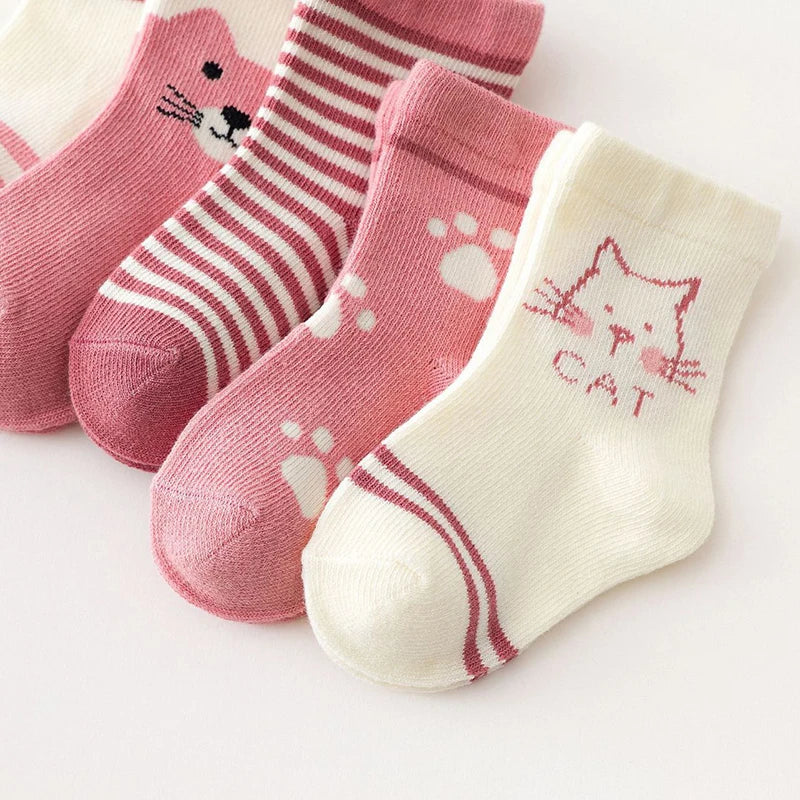 5Pair Cartoon Kids Socks Pink Cat Princess Girl Sock Cotton Keep Warm Winter Middle Tube Socks Baby Footwear Children Sokken Sox