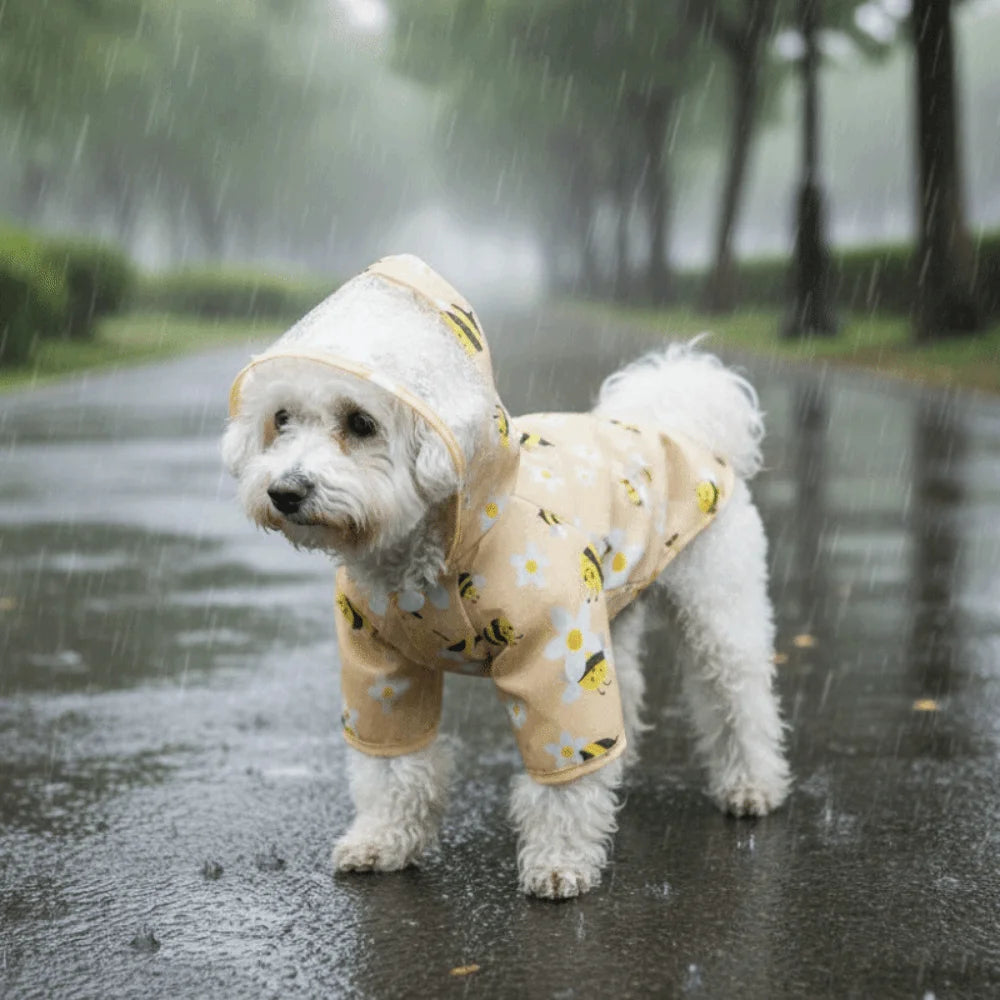 Pet Clothing Cartoon Bee Print Dog Hooded Raincoat Light Thin PVC Pet Waterproof Cloak with D-ring Puppy Rain Poncho Rainy Day