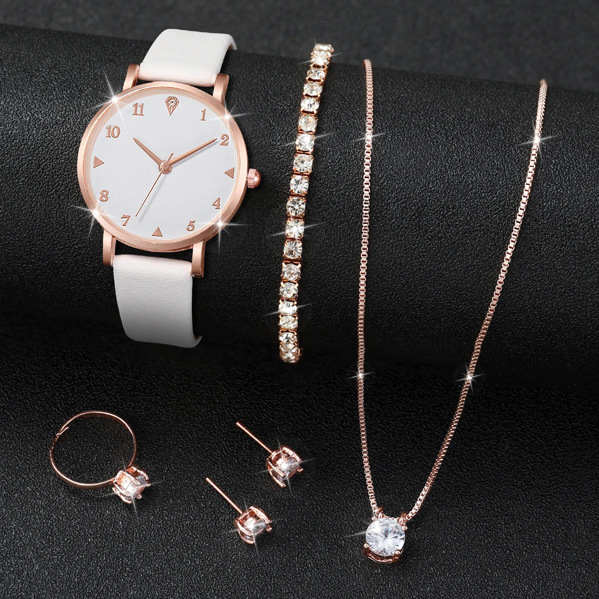 6PCS/Set Women's Watch Fashion Arabic Dial Leather Band Quartz Watches Diamond Jewelry Set（Without Box）